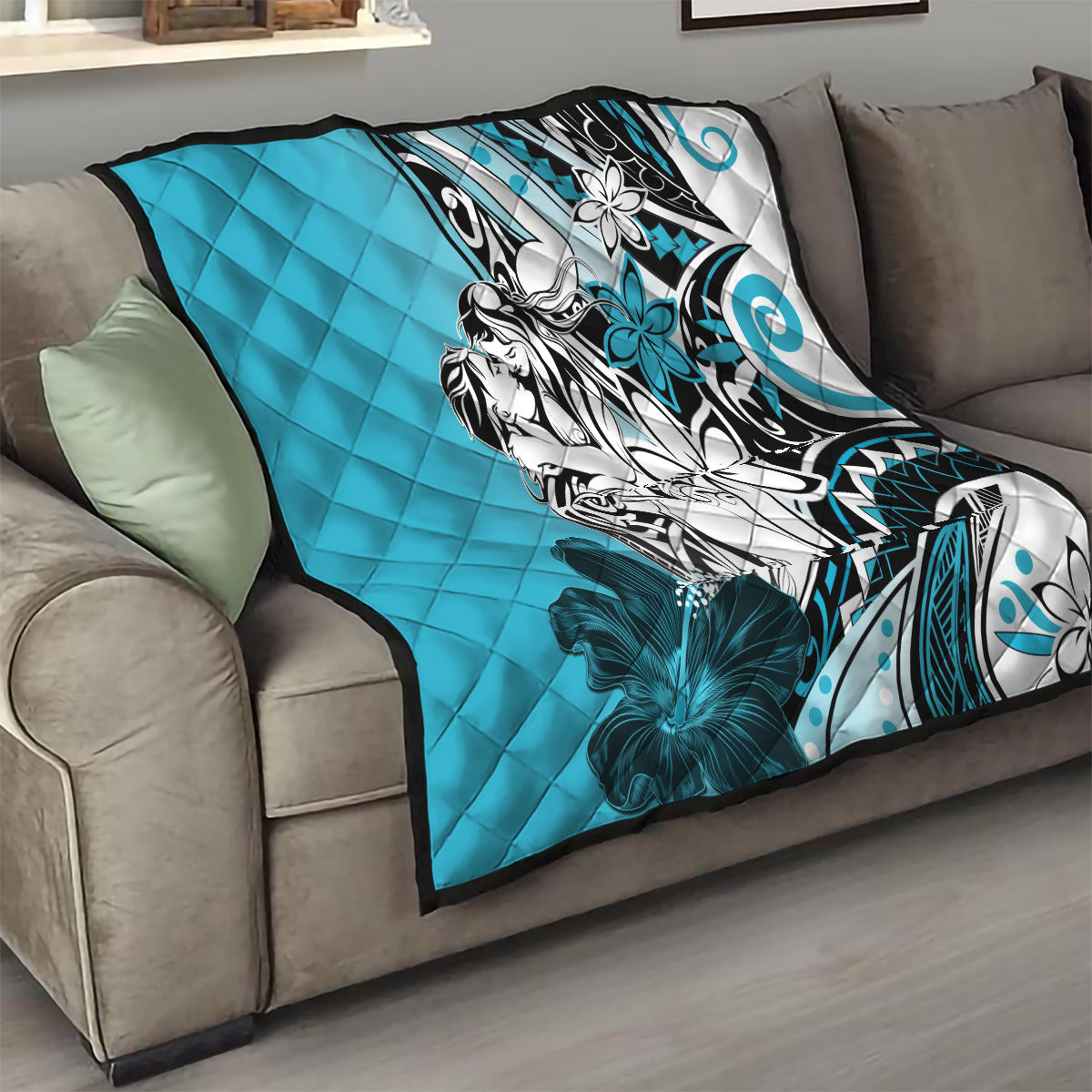 Polynesian Valentine Quilt Couple Floral Unique Sky Blue Version LT01 - Polynesian Pride