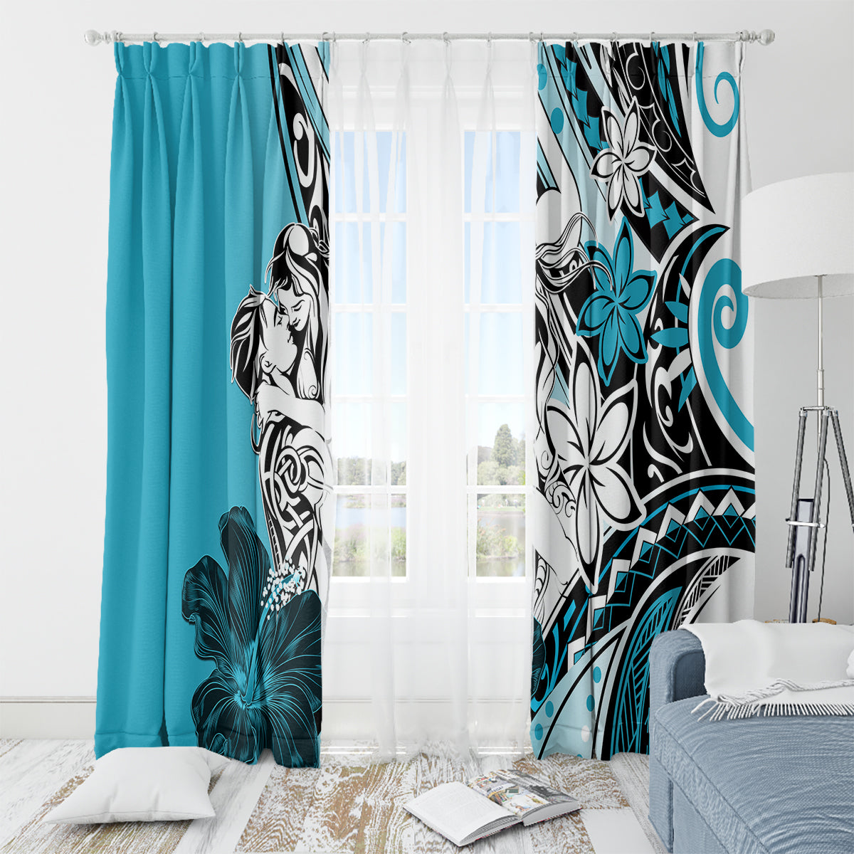 Polynesian Valentine Window Curtain Couple Floral Unique Sky Blue Version LT01 - Polynesian Pride