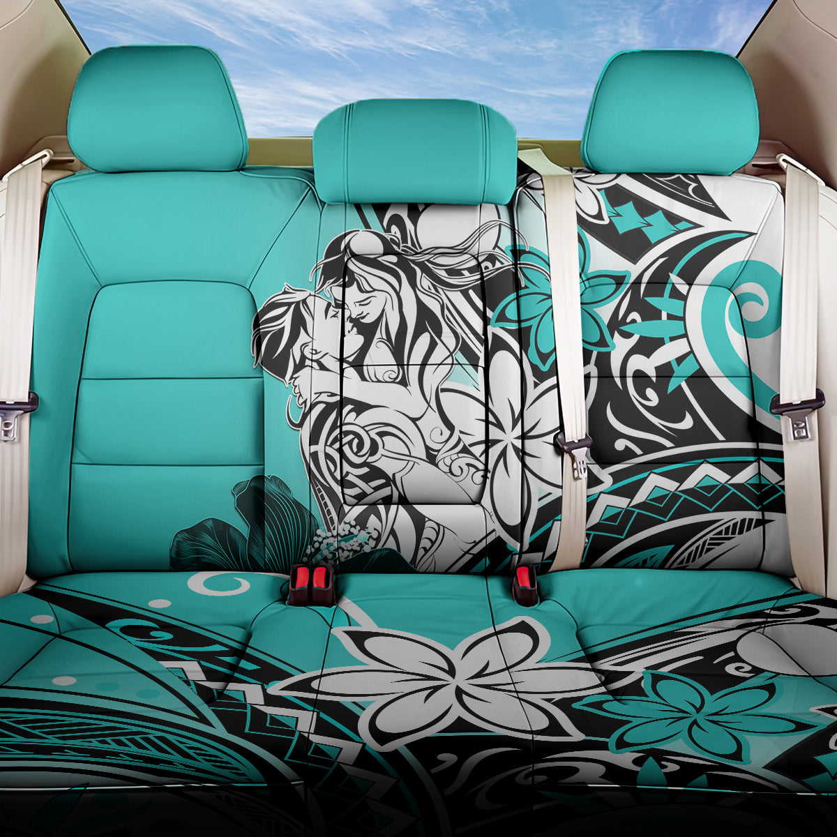 Polynesian Valentine Back Car Seat Cover Couple Floral Unique Turquoise Version LT01 One Size Turquoise - Polynesian Pride