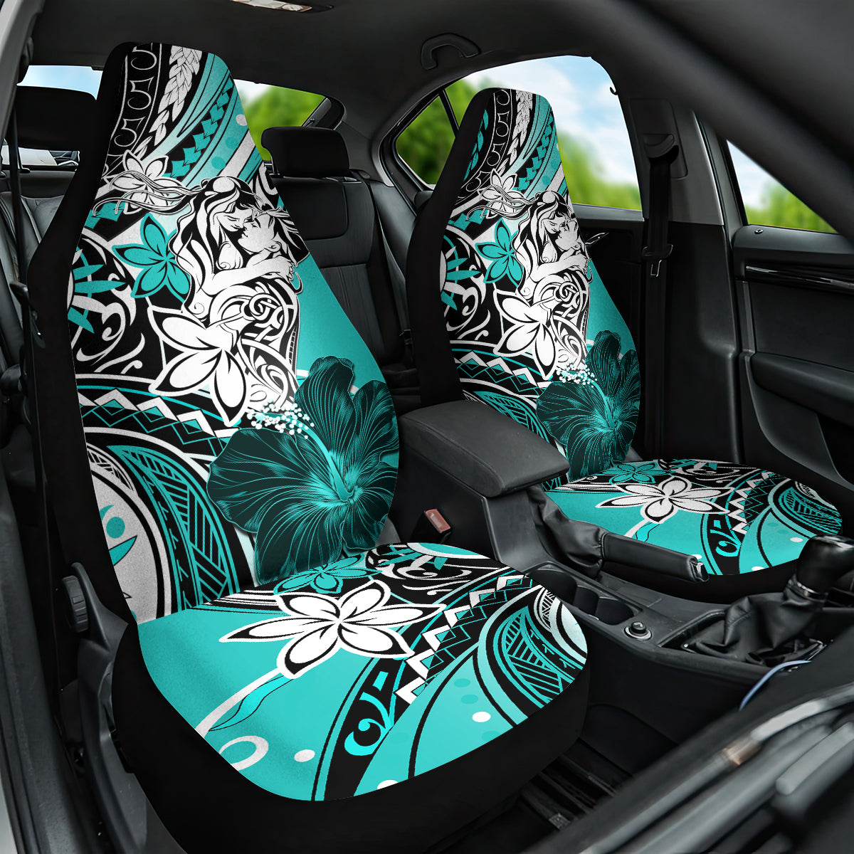 Polynesian Valentine Car Seat Cover Couple Floral Unique Turquoise Version LT01 One Size Turquoise - Polynesian Pride