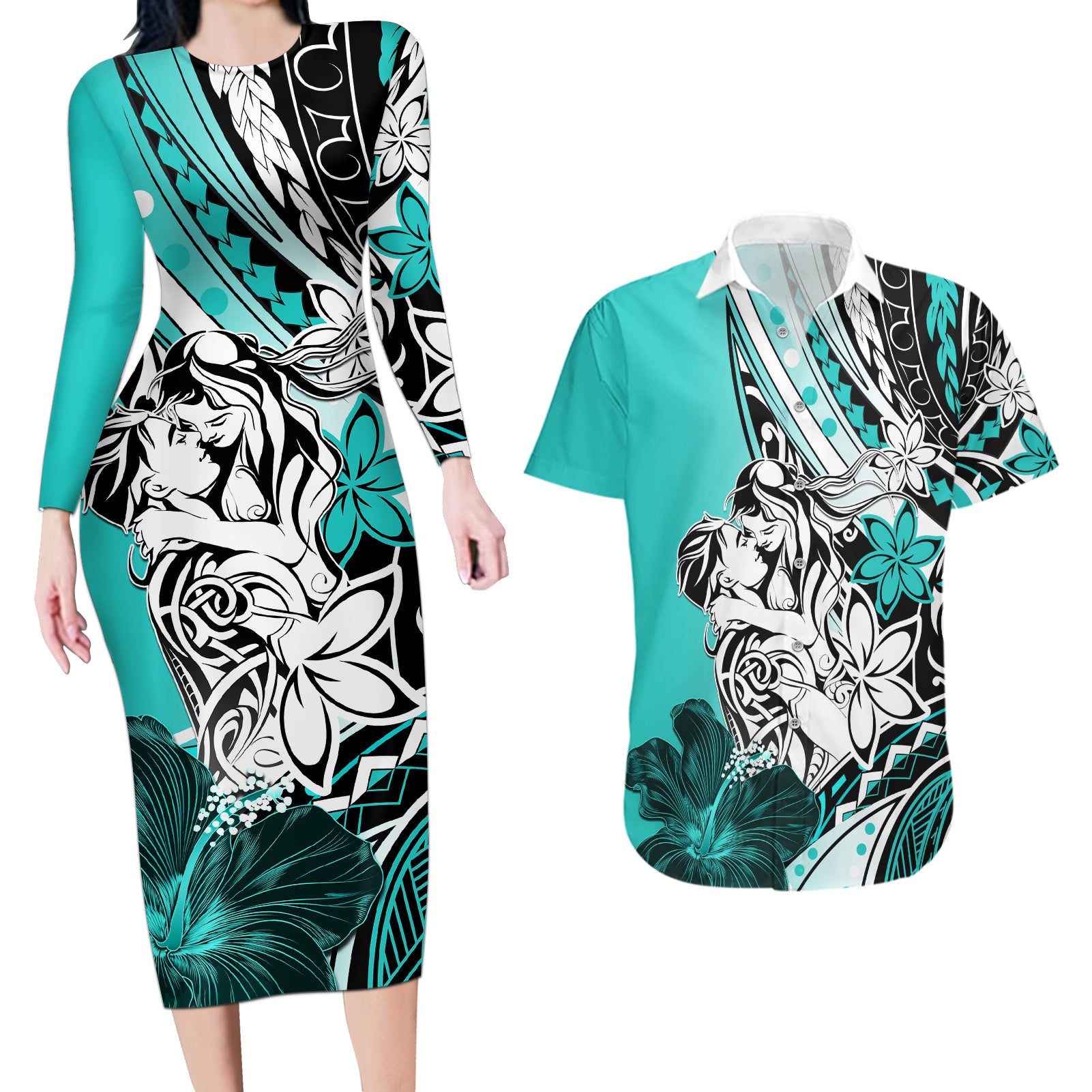 Polynesian Valentine Couples Matching Long Sleeve Bodycon Dress and Hawaiian Shirt Couple Floral Unique Turquoise Version LT01 Turquoise - Polynesian Pride