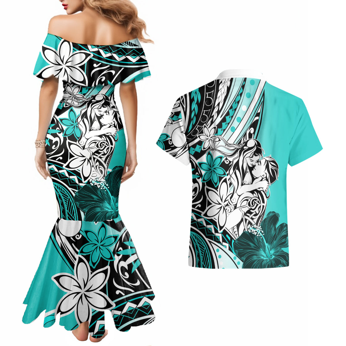 Polynesian Valentine Couples Matching Mermaid Dress and Hawaiian Shirt Couple Floral Unique Turquoise Version LT01 - Polynesian Pride