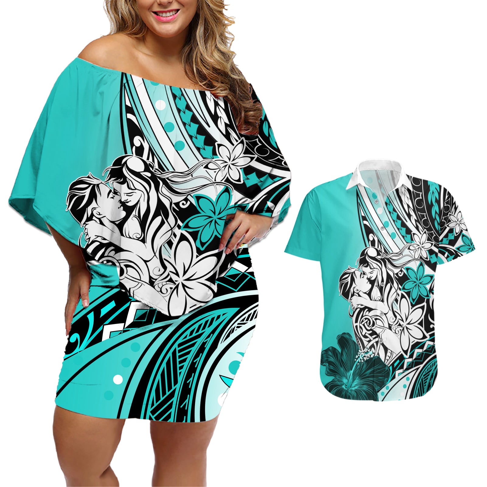 Polynesian Valentine Couples Matching Off Shoulder Short Dress and Hawaiian Shirt Couple Floral Unique Turquoise Version LT01 Turquoise - Polynesian Pride