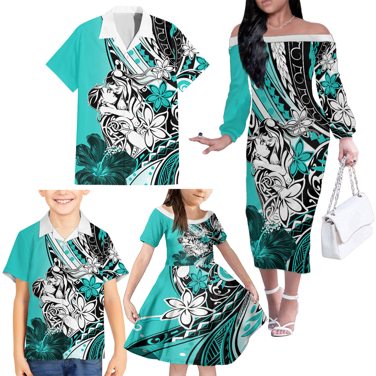 Polynesian Valentine Family Matching Off Shoulder Long Sleeve Dress and Hawaiian Shirt Couple Floral Unique Turquoise Version LT01 - Polynesian Pride