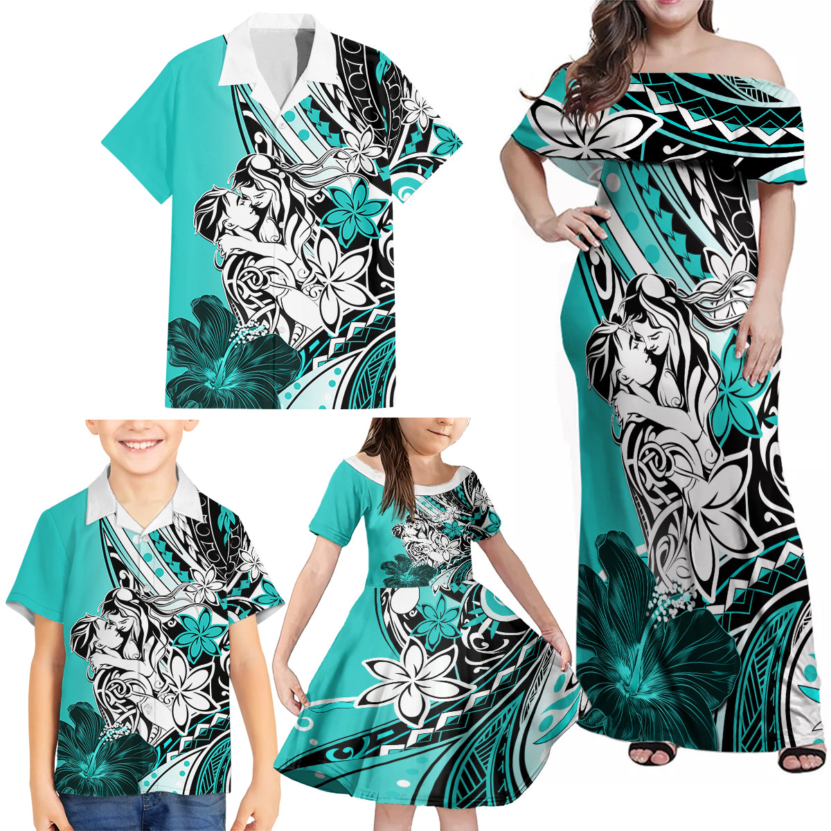 Polynesian Valentine Family Matching Off Shoulder Maxi Dress and Hawaiian Shirt Couple Floral Unique Turquoise Version LT01 - Polynesian Pride