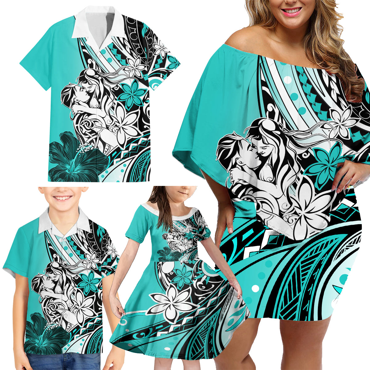 Polynesian Valentine Family Matching Off Shoulder Short Dress and Hawaiian Shirt Couple Floral Unique Turquoise Version LT01 - Polynesian Pride