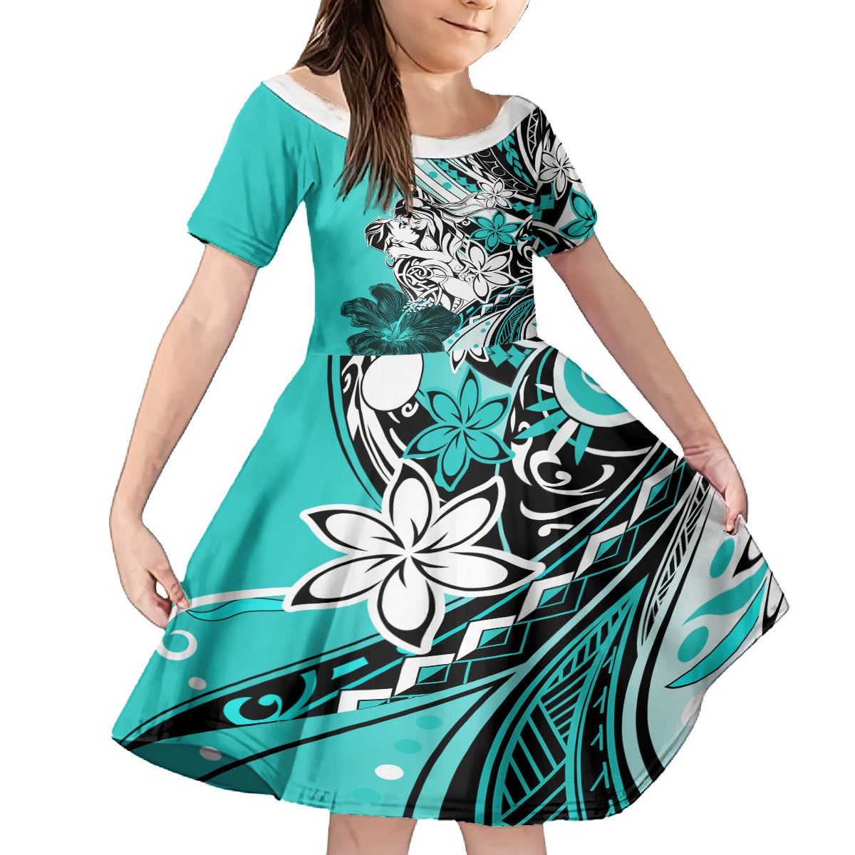 Polynesian Valentine Kid Short Sleeve Dress Couple Floral Unique Turquoise Version LT01 KID Turquoise - Polynesian Pride