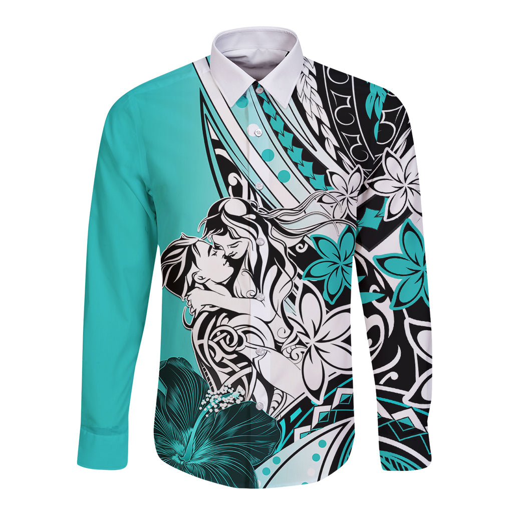 Polynesian Valentine Long Sleeve Button Shirt Couple Floral Unique Turquoise Version LT01 Unisex Turquoise - Polynesian Pride