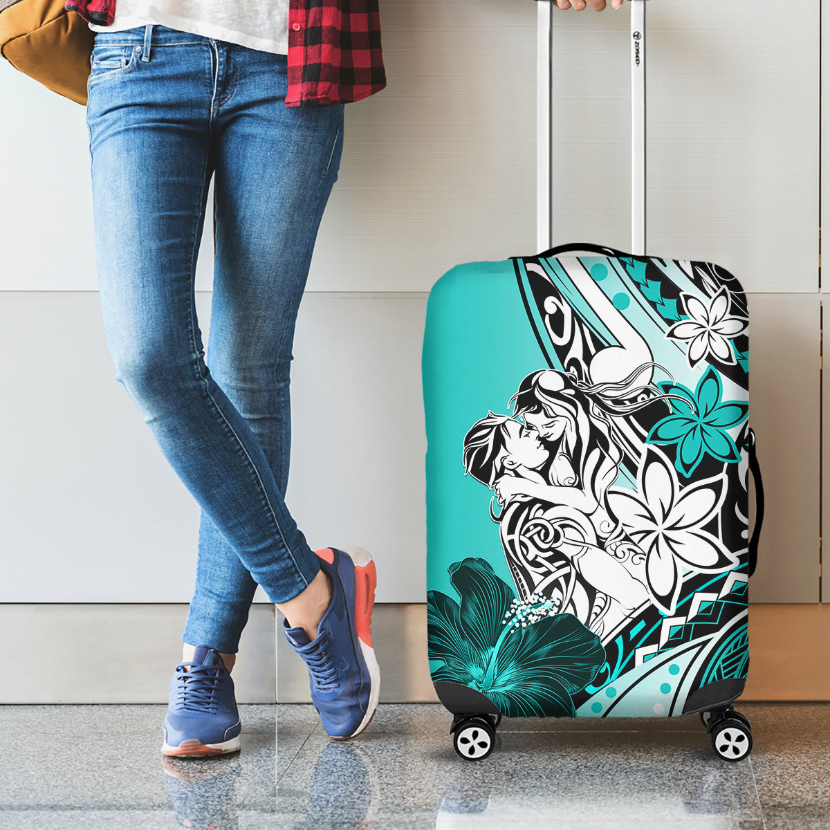 Polynesian Valentine Luggage Cover Couple Floral Unique Turquoise Version LT01 - Polynesian Pride