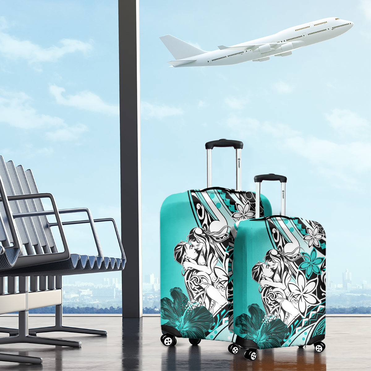 Polynesian Valentine Luggage Cover Couple Floral Unique Turquoise Version LT01 - Polynesian Pride