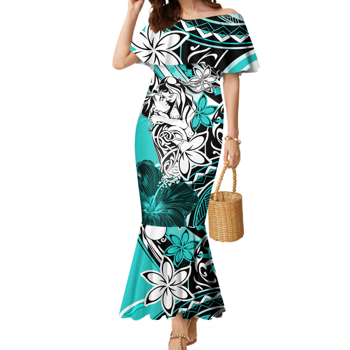 Polynesian Valentine Mermaid Dress Couple Floral Unique Turquoise Version LT01 Women Turquoise - Polynesian Pride