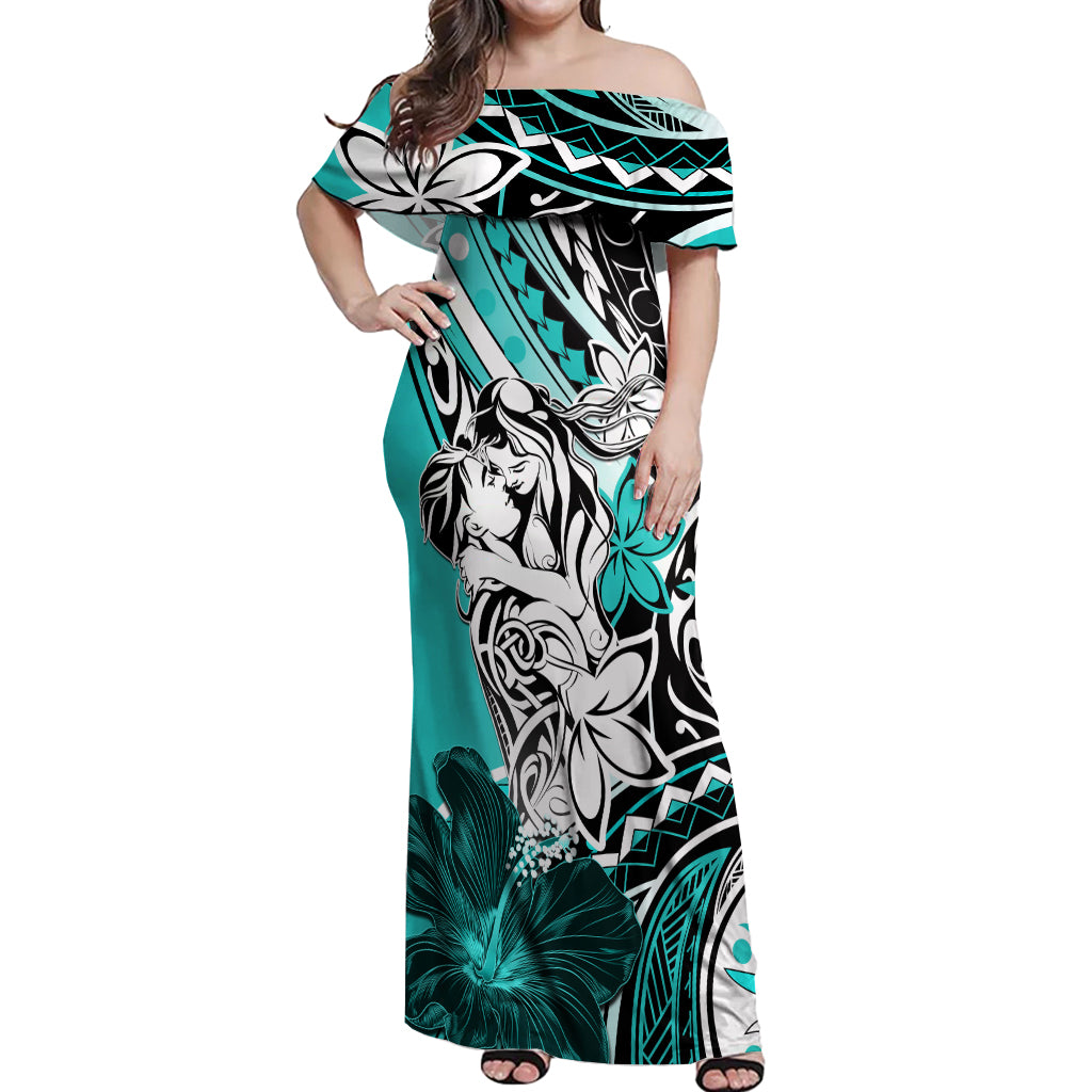 Polynesian Valentine Off Shoulder Maxi Dress Couple Floral Unique Turquoise Version LT01 Women Turquoise - Polynesian Pride