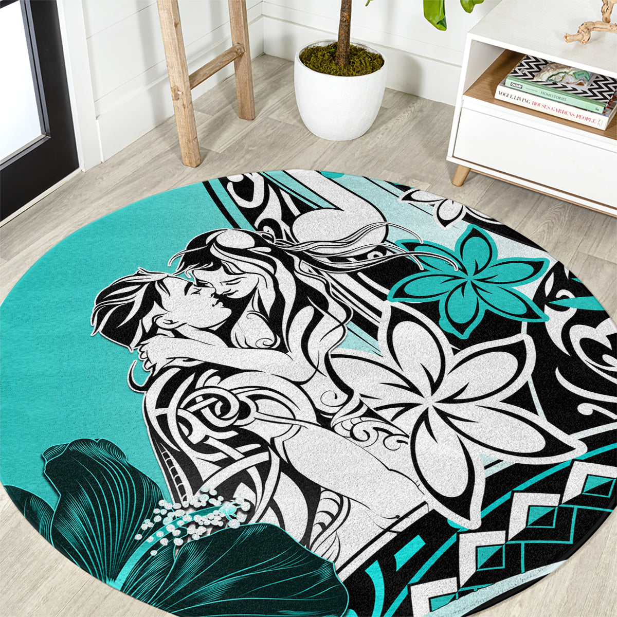 Polynesian Valentine Round Carpet Couple Floral Unique Turquoise Version LT01 Turquoise - Polynesian Pride