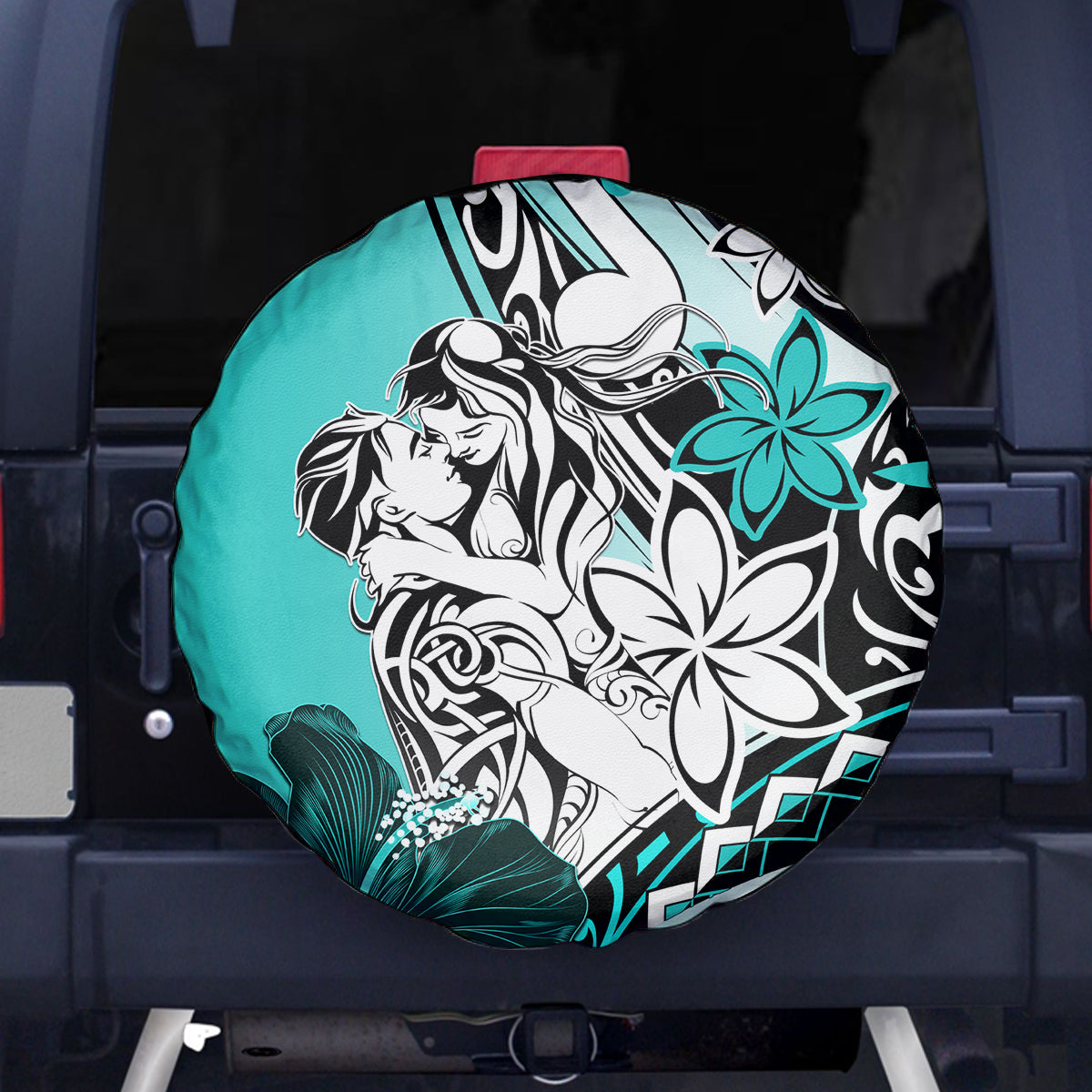 Polynesian Valentine Spare Tire Cover Couple Floral Unique Turquoise Version LT01 Turquoise - Polynesian Pride