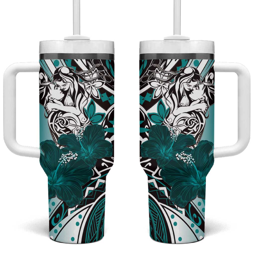 Polynesian Valentine Tumbler With Handle Couple Floral Unique Teal Version LT01 One Size: 40 oz Teal - Polynesian Pride