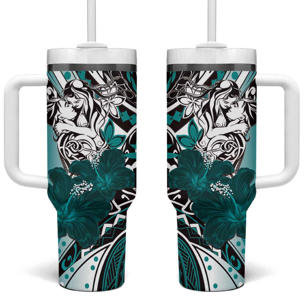 Polynesian Valentine Tumbler With Handle Couple Floral Unique Teal Version