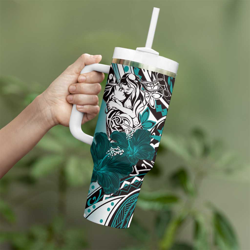Polynesian Valentine Tumbler With Handle Couple Floral Unique Teal Version LT01 - Polynesian Pride