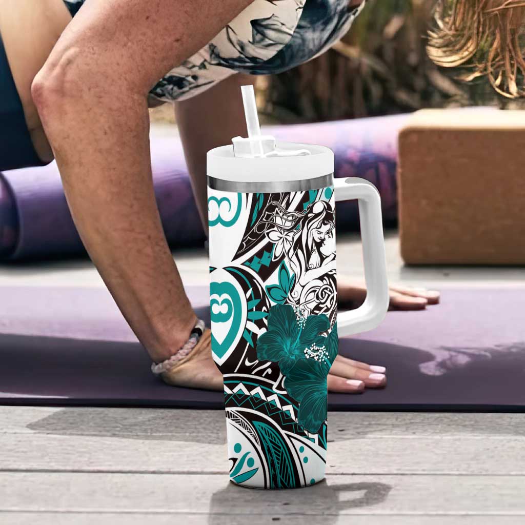 Polynesian Valentine Tumbler With Handle Couple Floral Unique Teal Version LT01 - Polynesian Pride