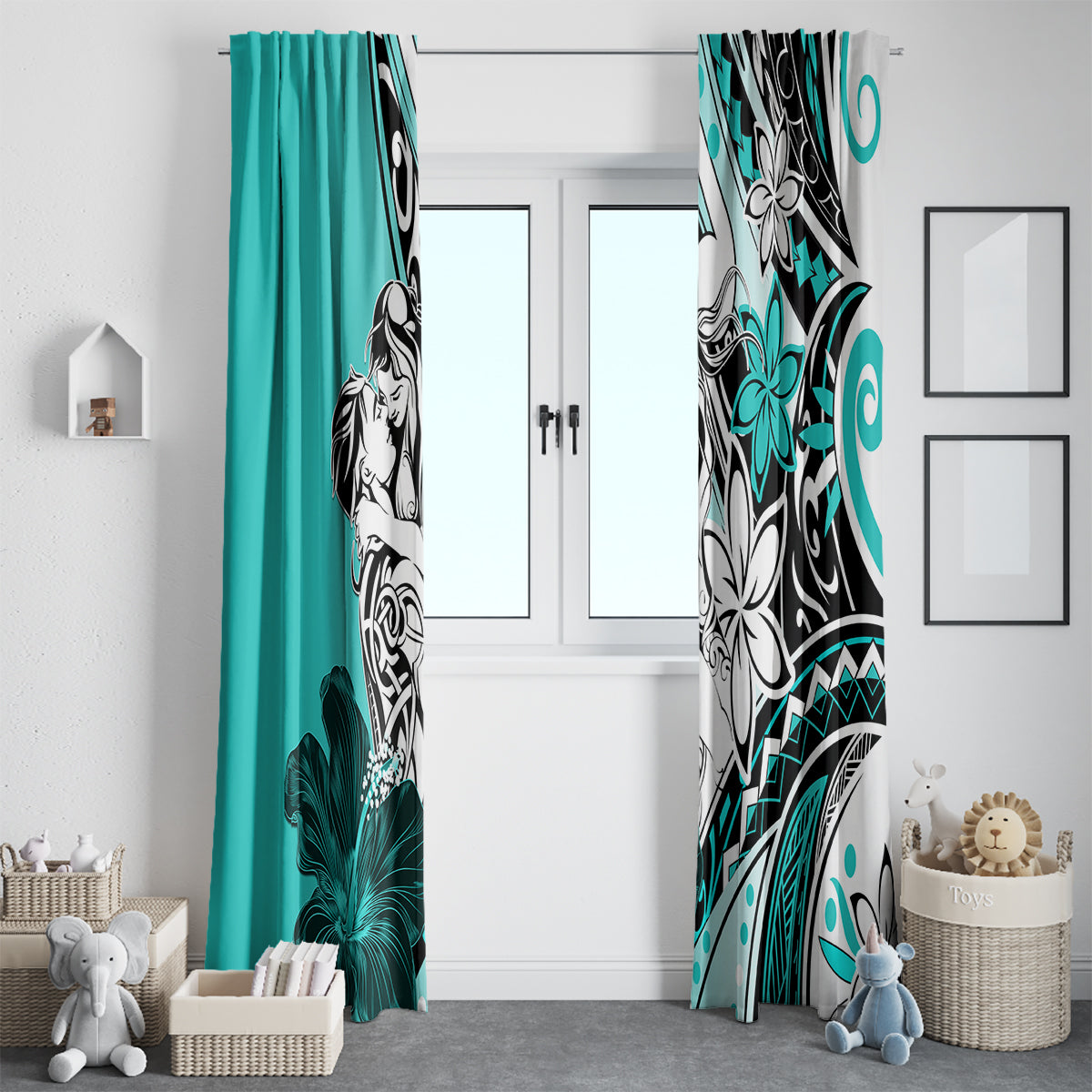 Polynesian Valentine Window Curtain Couple Floral Unique Turquoise Version LT01 - Polynesian Pride