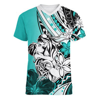 Polynesian Valentine Women V Neck T Shirt Couple Floral Unique Turquoise Version LT01 Female Turquoise - Polynesian Pride