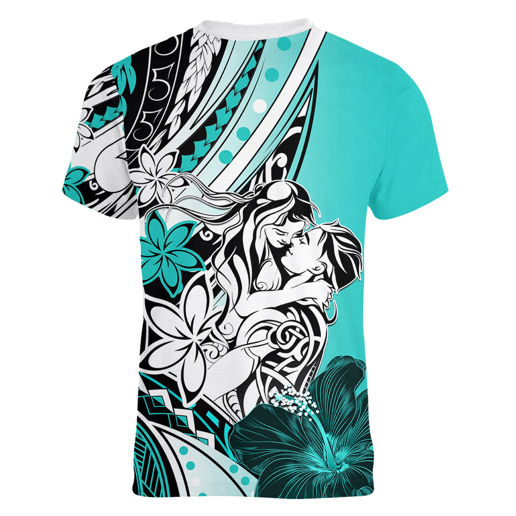 Polynesian Valentine Women V Neck T Shirt Couple Floral Unique Turquoise Version LT01 - Polynesian Pride