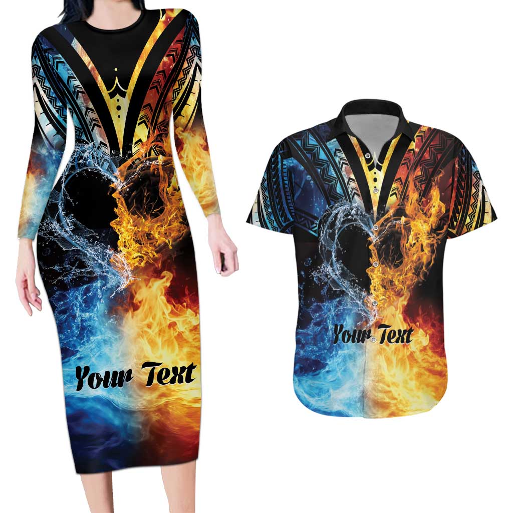 Personalised Polynesian Heart In Fire And Water Couples Matching Long Sleeve Bodycon Dress and Hawaiian Shirt Romantic Elements