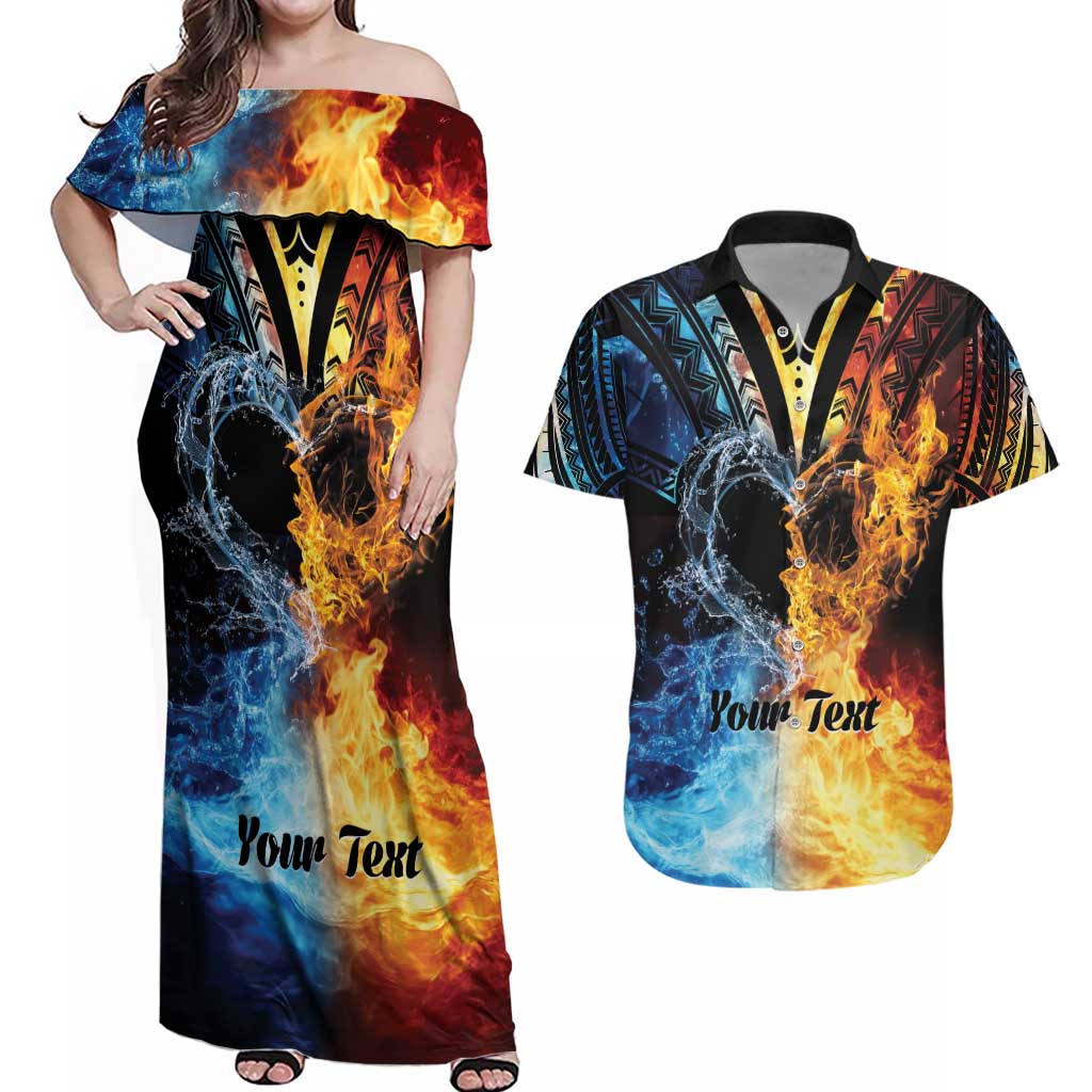 Personalised Polynesian Heart In Fire And Water Couples Matching Off Shoulder Maxi Dress and Hawaiian Shirt Romantic Elements