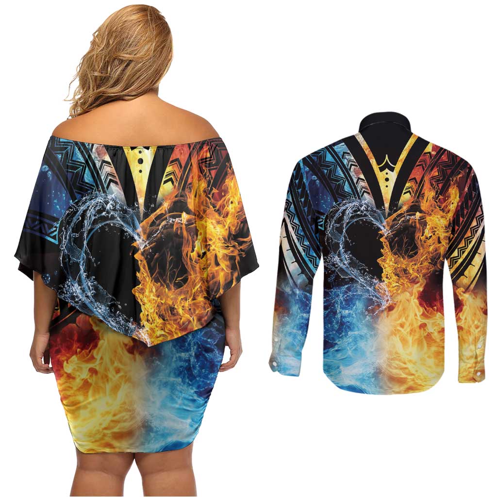 Personalised Polynesian Heart In Fire And Water Couples Matching Off Shoulder Short Dress and Long Sleeve Button Shirt Romantic Elements