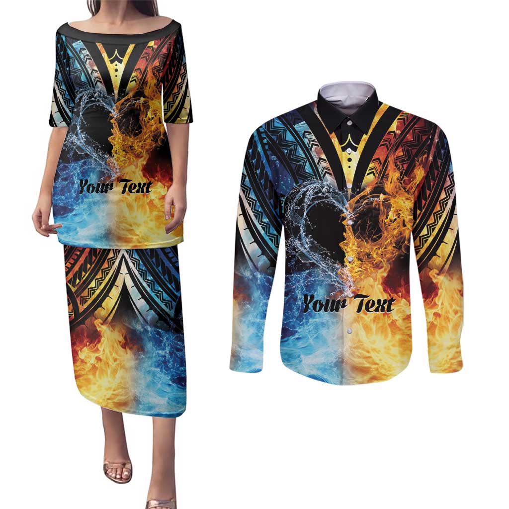 Personalised Polynesian Heart In Fire And Water Couples Matching Puletasi and Long Sleeve Button Shirt Romantic Elements