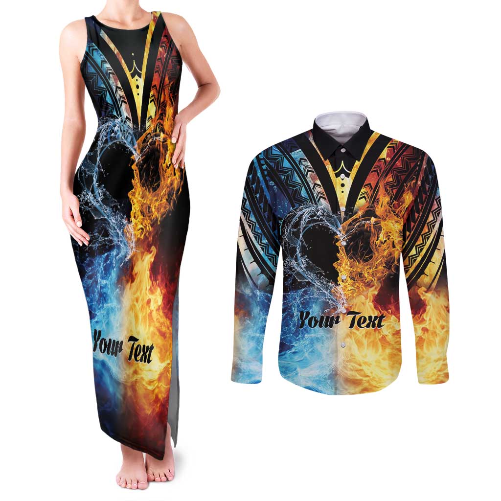 Personalised Polynesian Heart In Fire And Water Couples Matching Tank Maxi Dress and Long Sleeve Button Shirt Romantic Elements