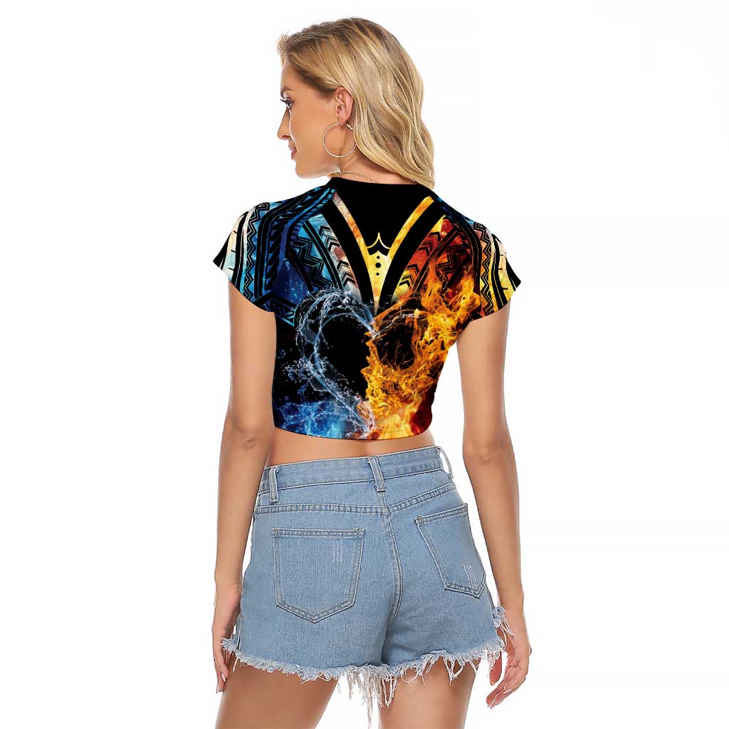 Personalised Polynesian Heart In Fire And Water Raglan Cropped T Shirt Romantic Elements LT01 - Polynesian Pride