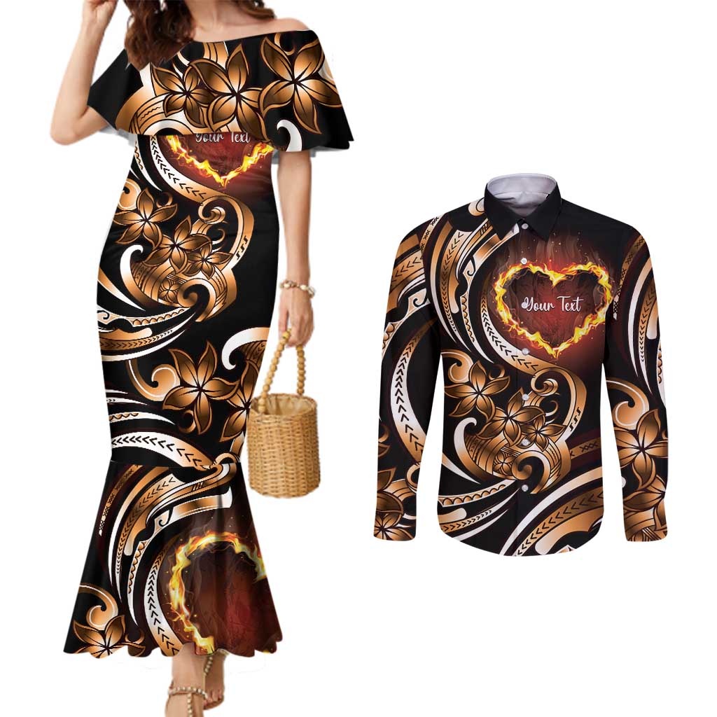 Personalised Polynesian Fiery Heart Couples Matching Mermaid Dress and Long Sleeve Button Shirt Passionate Love