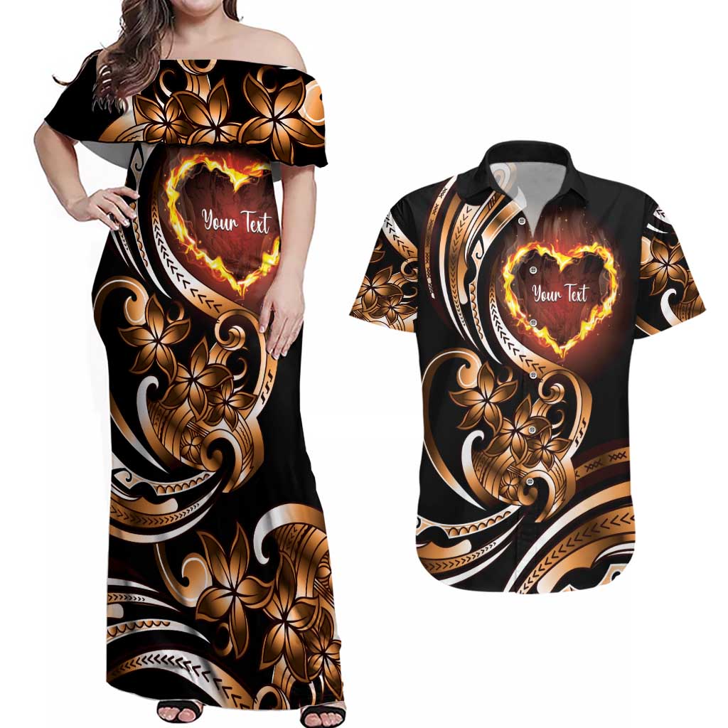 Personalised Polynesian Fiery Heart Couples Matching Off Shoulder Maxi Dress and Hawaiian Shirt Passionate Love