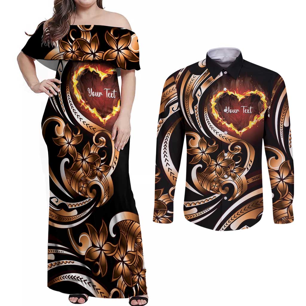 Personalised Polynesian Fiery Heart Couples Matching Off Shoulder Maxi Dress and Long Sleeve Button Shirt Passionate Love