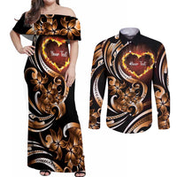 Personalised Polynesian Fiery Heart Couples Matching Off Shoulder Maxi Dress and Long Sleeve Button Shirt Passionate Love