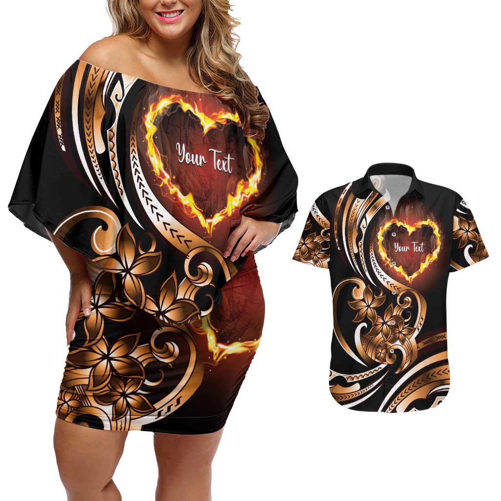 Personalised Polynesian Fiery Heart Couples Matching Off Shoulder Short Dress and Hawaiian Shirt Passionate Love