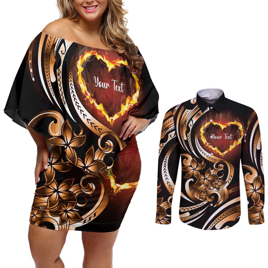 Personalised Polynesian Fiery Heart Couples Matching Off Shoulder Short Dress and Long Sleeve Button Shirt Passionate Love