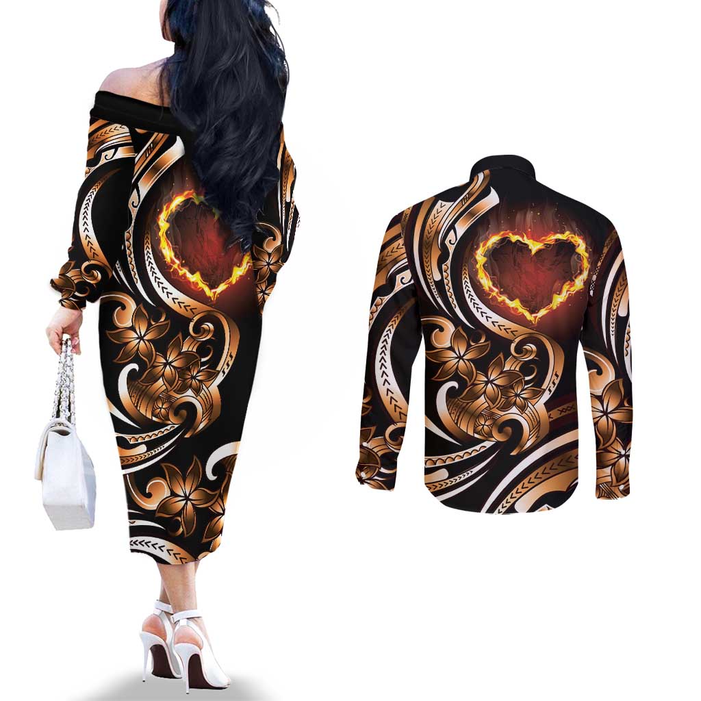 Personalised Polynesian Fiery Heart Couples Matching Off The Shoulder Long Sleeve Dress and Long Sleeve Button Shirt Passionate Love