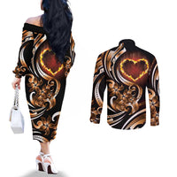 Personalised Polynesian Fiery Heart Couples Matching Off The Shoulder Long Sleeve Dress and Long Sleeve Button Shirt Passionate Love