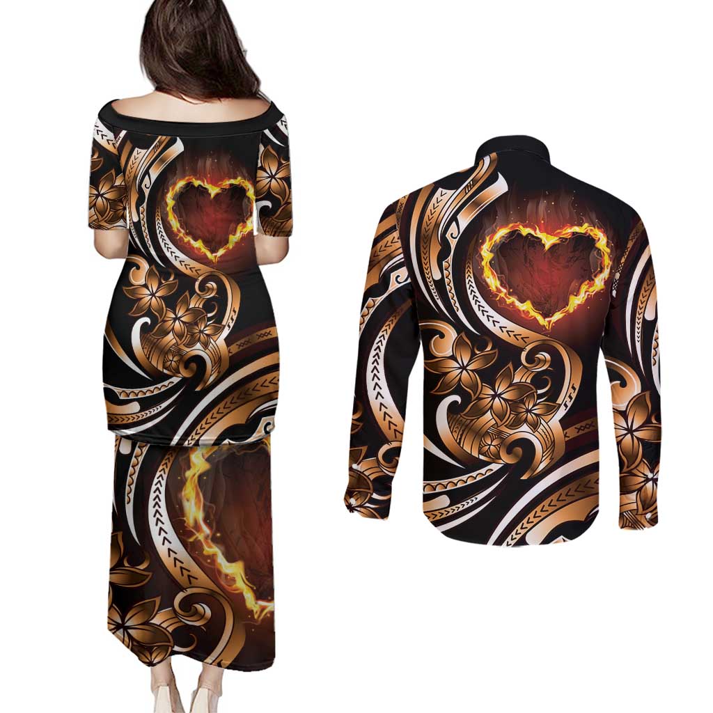 Personalised Polynesian Fiery Heart Couples Matching Puletasi and Long Sleeve Button Shirt Passionate Love