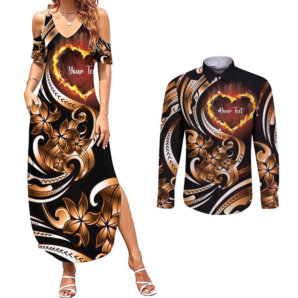 Personalised Polynesian Fiery Heart Couples Matching Summer Maxi Dress and Long Sleeve Button Shirt Passionate Love