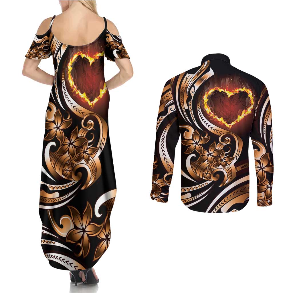 Personalised Polynesian Fiery Heart Couples Matching Summer Maxi Dress and Long Sleeve Button Shirt Passionate Love