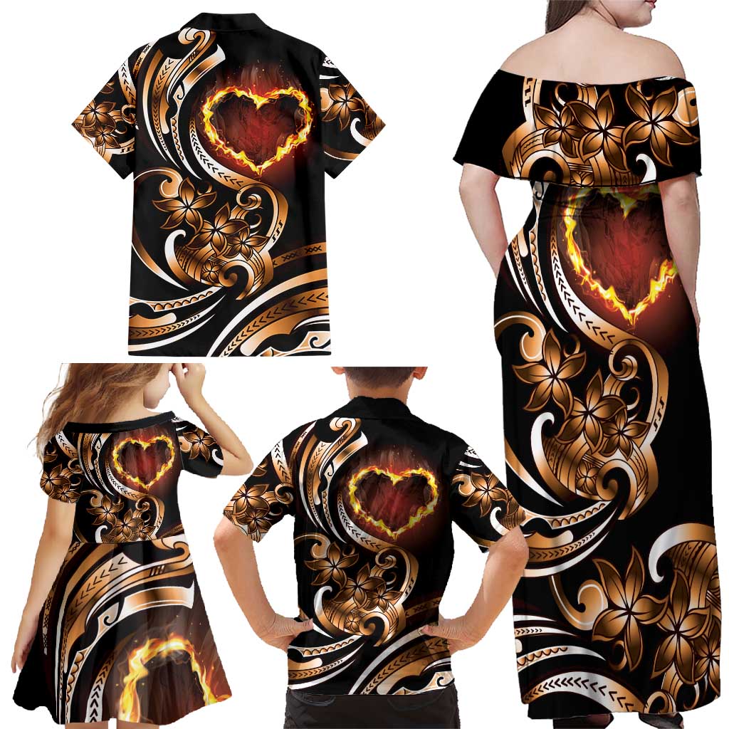 Personalised Polynesian Fiery Heart Family Matching Off Shoulder Maxi Dress and Hawaiian Shirt Passionate Love