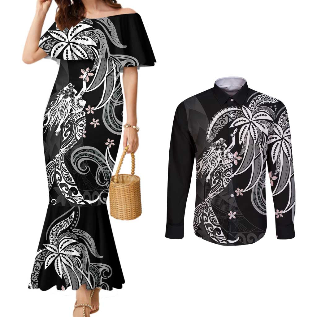 Polynesian Mermaid Plumeria Tribal Tattoo Couples Matching Mermaid Dress and Long Sleeve Button Shirt