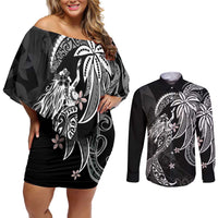 Polynesian Mermaid Plumeria Tribal Tattoo Couples Matching Off Shoulder Short Dress and Long Sleeve Button Shirt