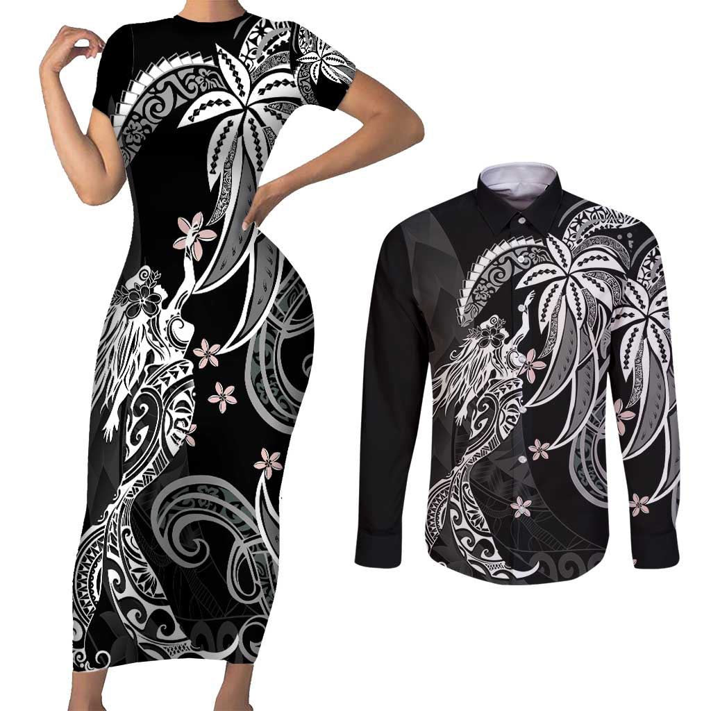 Polynesian Mermaid Plumeria Tribal Tattoo Couples Matching Short Sleeve Bodycon Dress and Long Sleeve Button Shirt LT01 Black - Polynesian Pride
