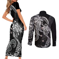 Polynesian Mermaid Plumeria Tribal Tattoo Couples Matching Short Sleeve Bodycon Dress and Long Sleeve Button Shirt