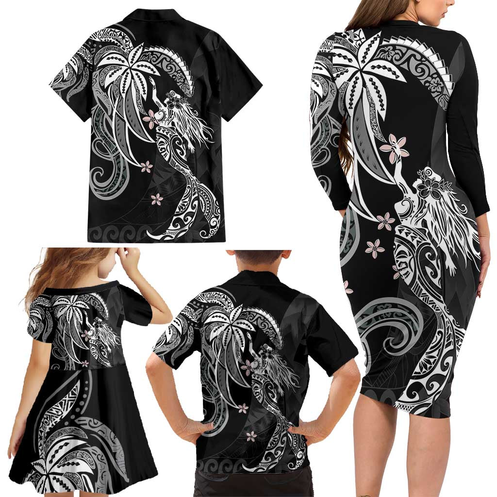 Polynesian Mermaid Plumeria Tribal Tattoo Family Matching Long Sleeve Bodycon Dress and Hawaiian Shirt