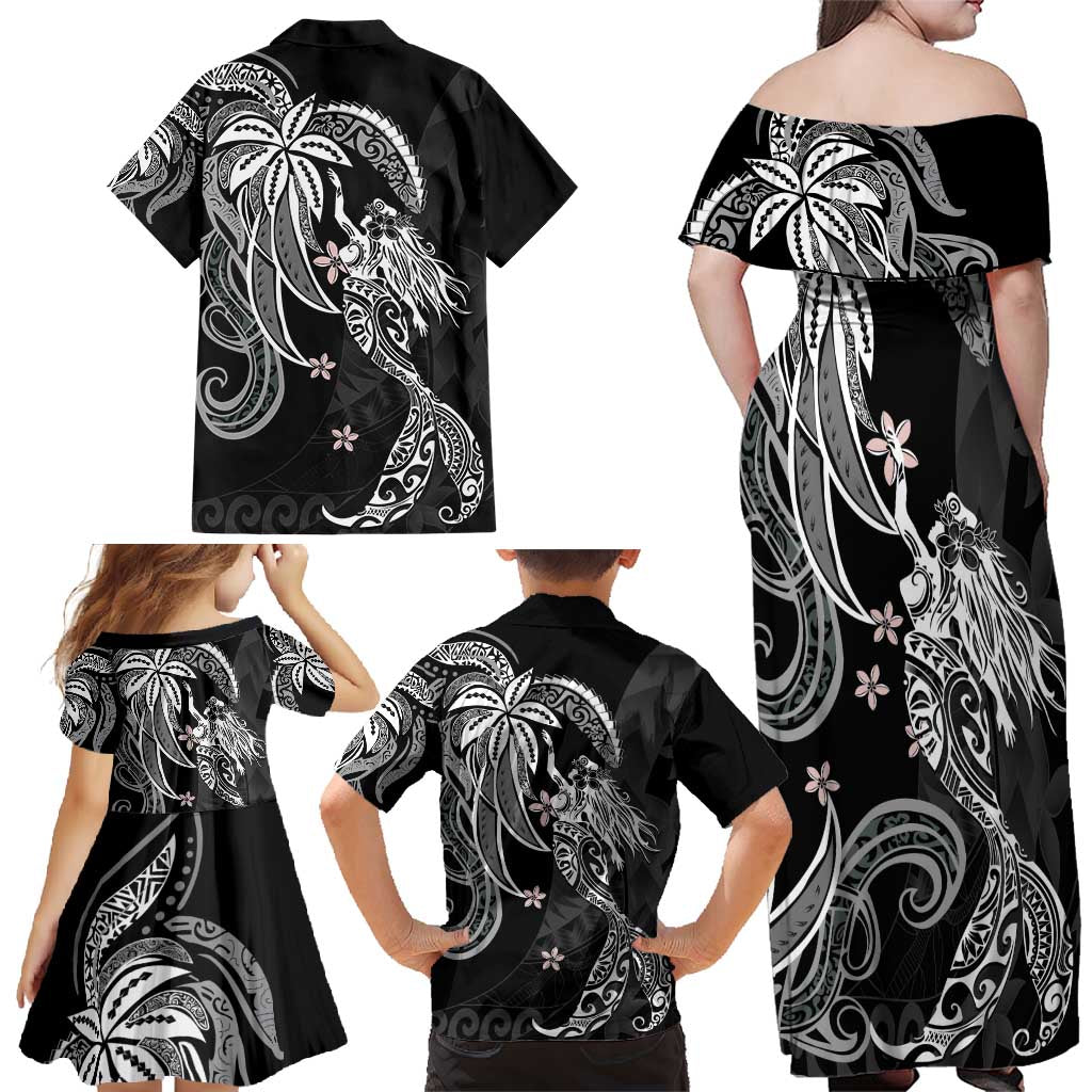 Polynesian Mermaid Plumeria Tribal Tattoo Family Matching Off Shoulder Maxi Dress and Hawaiian Shirt