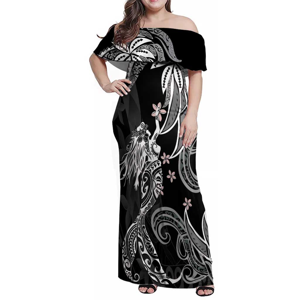 Polynesian Mermaid Plumeria Tribal Tattoo Family Matching Off Shoulder Maxi Dress and Hawaiian Shirt
